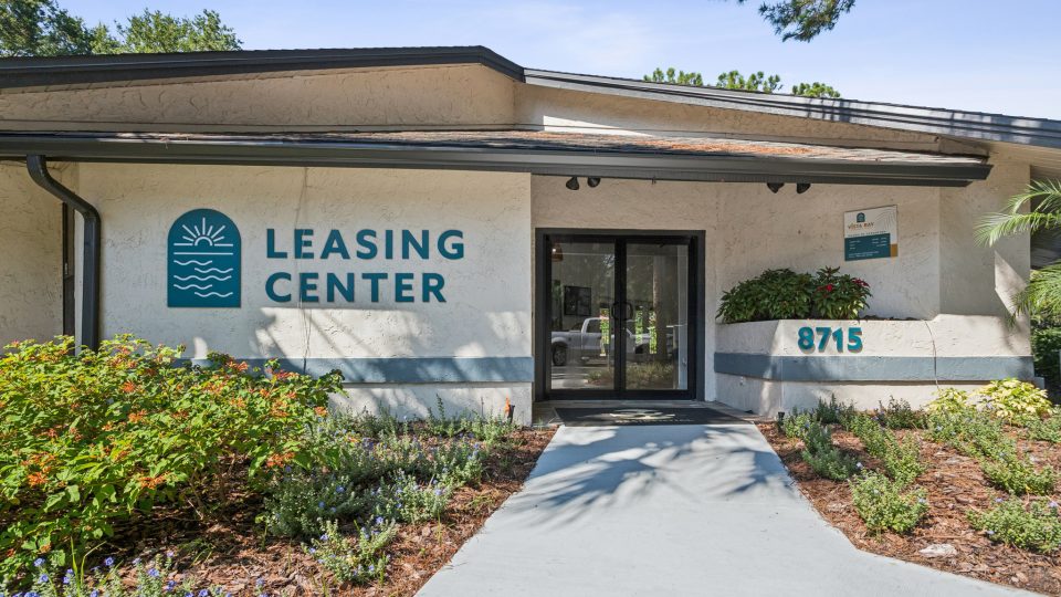 the entrance to the leasing center at The Vista Bay