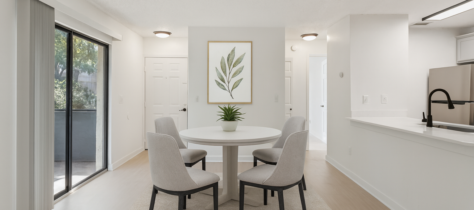 a dining room with white walls and a large table at The Vista Bay