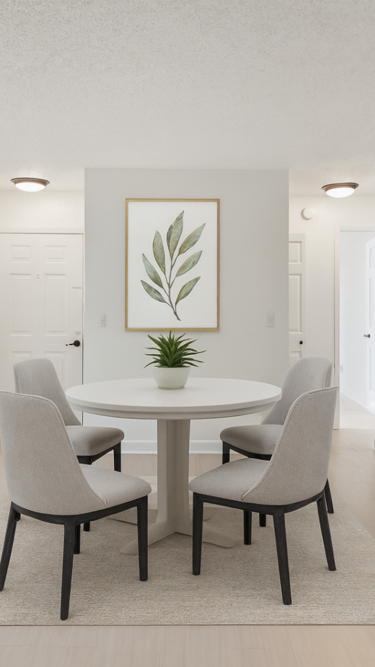 a dining room with white walls and a large table at The Vista Bay