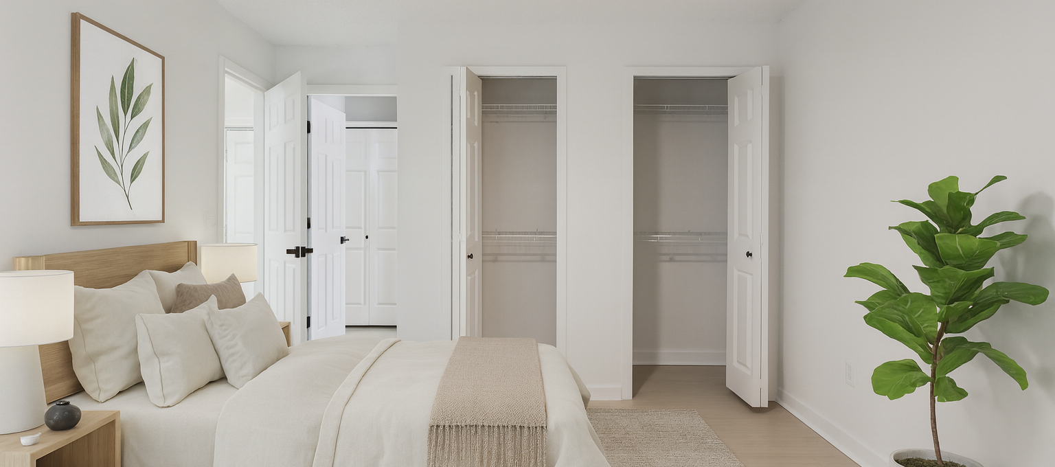 a bedroom with a ceiling fan and white walls at The Vista Bay